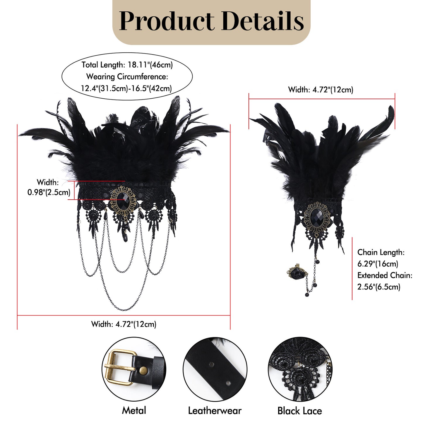 Boniskiss Women's Halloween Masquerade Gothic Lace Feather Tassels Leather Necklace Bracelet