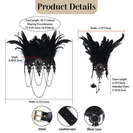 Boniskiss Women's Halloween Masquerade Gothic Lace Feather Tassels Leather Necklace Bracelet