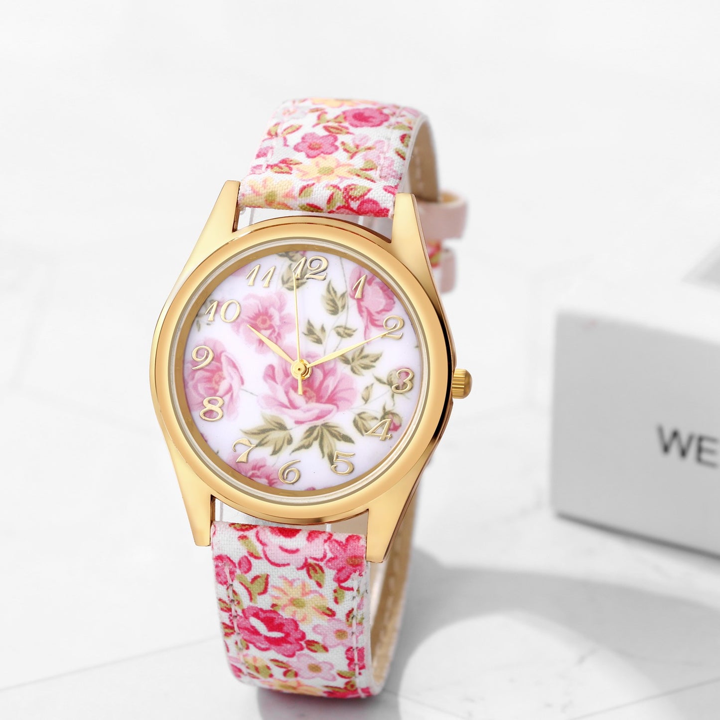 Boniskiss Slim Boho Flower Painting Wrist Watch - Floral Dial PU Band Analog Quartz Wrist Watch