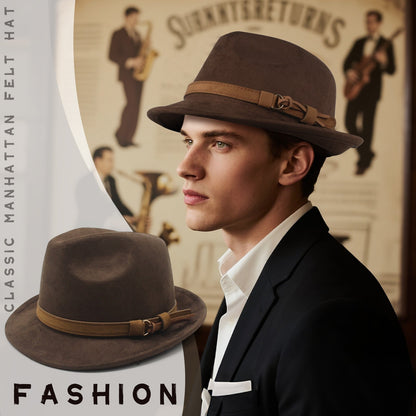 Classic Short Brim Fedora Trilby Jazz Hat with Belt - Boniskiss