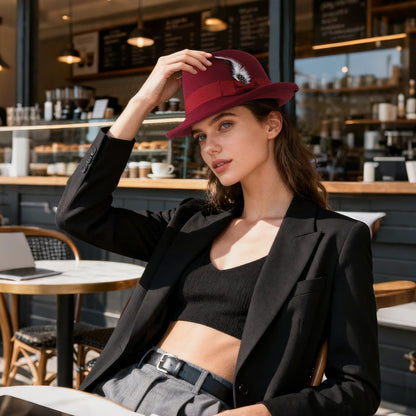 Classic Fedora Hat Short Brim Hat with Feather | Size M-L- Boniskiss