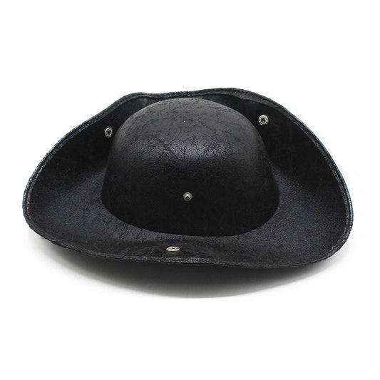 Vintage PU Leather Wide Brim Pirate Tricorn Hat - Boniskiss