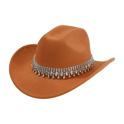 Retro Wide Brim Cowboy Hat with Rhinestone Chain Sparkly Western Hat - Boniskiss