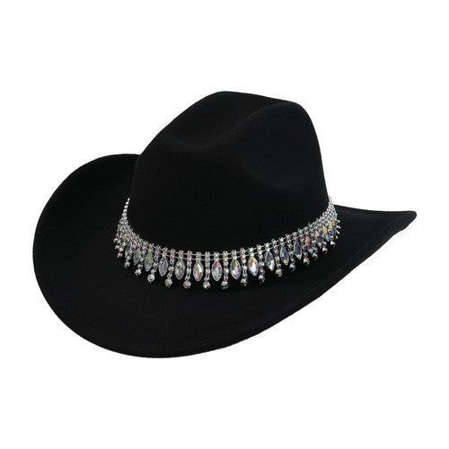 Retro Wide Brim Cowboy Hat with Rhinestone Chain Sparkly Western Hat - Boniskiss