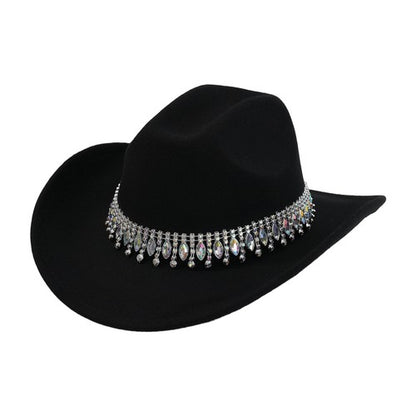 Retro Wide Brim Cowboy Hat with Rhinestone Chain Sparkly Western Hat - Boniskiss