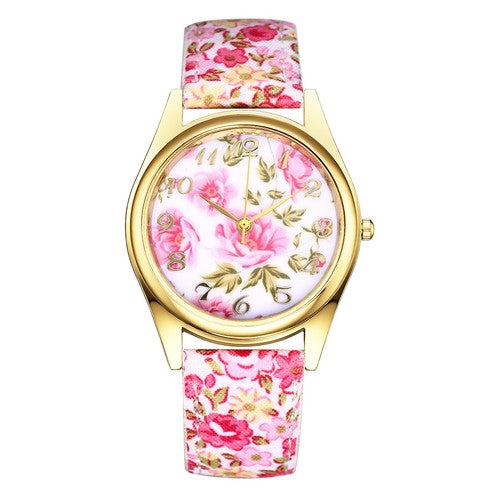 Boniskiss Slim Boho Flower Painting Wrist Watch - Floral Dial PU Band Analog Quartz Wrist Watch
