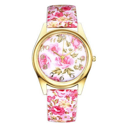 Boniskiss Slim Boho Flower Painting Wrist Watch - Floral Dial PU Band Analog Quartz Wrist Watch