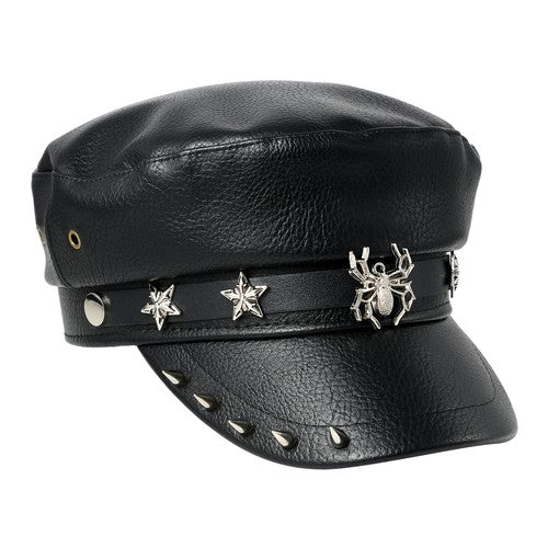 Boniskiss Punk Rivet Army Cap Spike Skull Decor Trendy Street Hat