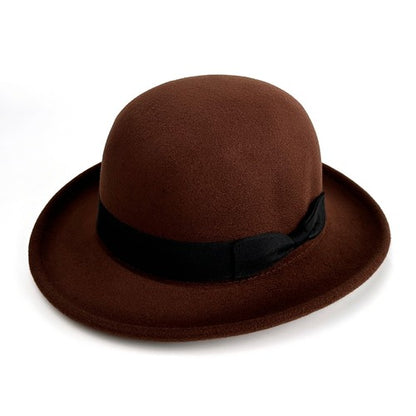 Vintage Elegant Bowler Dome Hat Retro Short Brim Fedora Hat with Hatband - Boniskiss