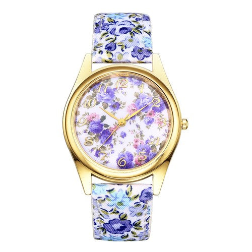Boniskiss Slim Boho Flower Painting Wrist Watch - Floral Dial PU Band Analog Quartz Wrist Watch