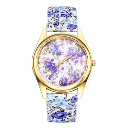Boniskiss Slim Boho Flower Painting Wrist Watch - Floral Dial PU Band Analog Quartz Wrist Watch