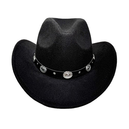 Western Cowboy Hat with Metal Decorative Band Wide Brim Styling Hat - Boniskiss