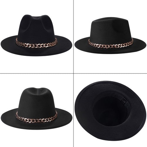 Fedora à larges bords avec chaîne cubaine, chapeau jazz en feutre de laine - Boniskiss