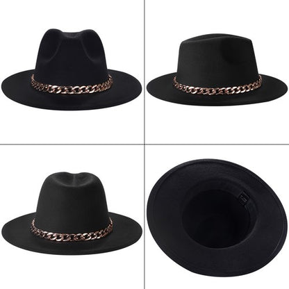 Fedora à larges bords avec chaîne cubaine, chapeau jazz en feutre de laine - Boniskiss