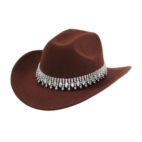 Retro Wide Brim Cowboy Hat with Rhinestone Chain Sparkly Western Hat - Boniskiss