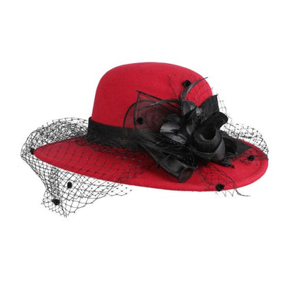 Cloche Veiled Church Felt Hat with Flower Decoration - Boniskiss