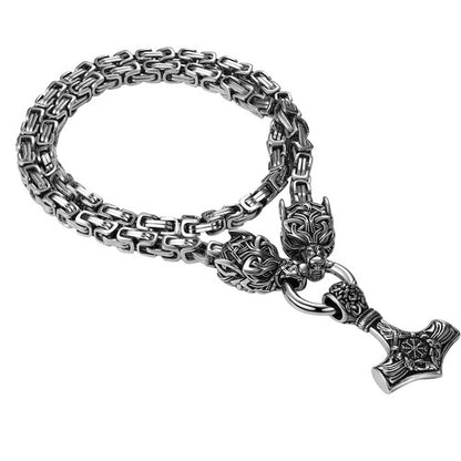 Mens Retro Viking Wolf Head Thor's Hammer Dangle Amulet Byzantine Chain Necklace