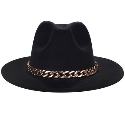 Fedora à larges bords avec chaîne cubaine, chapeau jazz en feutre de laine - Boniskiss