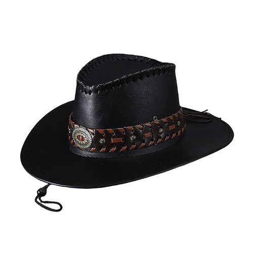 Faux Leather Western Cowboy Hat with Braided Band - Boniskiss