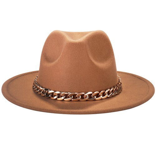 Khaki Wide Brim Fedora with Cuban Chain Jazz Wool Felt Hat | Size M-L - Boniskiss