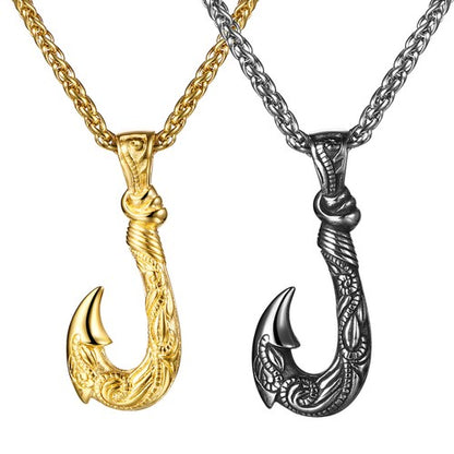Boniskiss Men's Stainless Steel Lucky Fish Hook 3D Wave Pattern Casting Dangle Necklace Gift