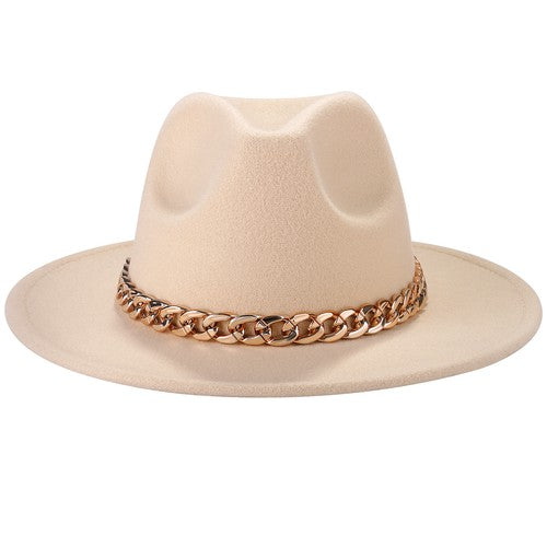 Beige Wide Brim Fedora with Cuban Chain Jazz Wool Felt Hat | Size M-L - Boniskiss