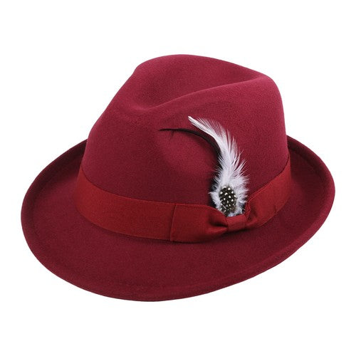 Red Classic Short Brim Fedora Panama Hat with Feather | Size M-L - Boniskiss