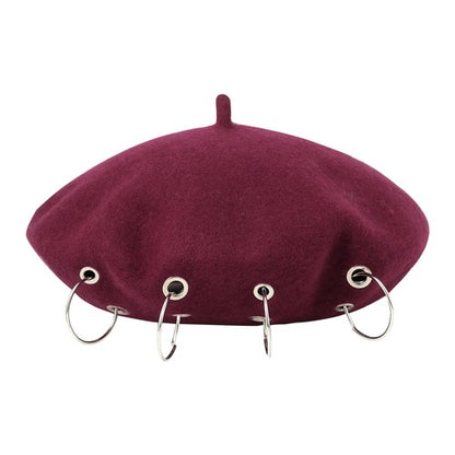 Boniskiss Punk Rock Beret Cap Ring Decor Womens Novelty Street Style