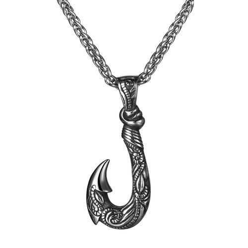 Boniskiss Men's Stainless Steel Lucky Fish Hook 3D Wave Pattern Casting Dangle Necklace Gift