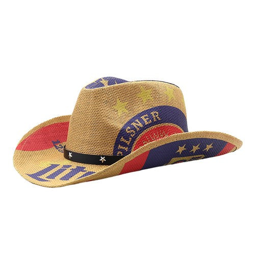 Chapeau de cowboy en paille imprimée à bord incurvé, style western, pour homme - Boniskiss