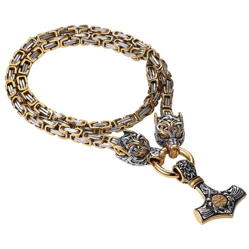 Mens Retro Viking Wolf Head Thor's Hammer Dangle Amulet Byzantine Chain Necklace