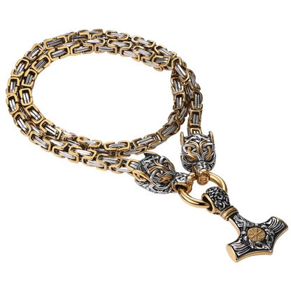 Mens Retro Viking Wolf Head Thor's Hammer Dangle Amulet Byzantine Chain Necklace
