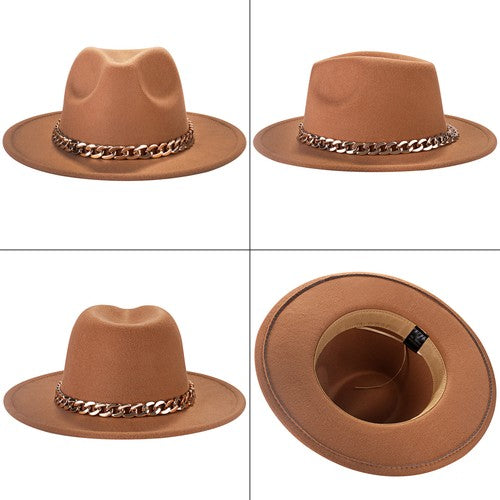 Khaki Wide Brim Fedora with Cuban Chain Jazz Wool Felt Hat | Size M-L - Boniskiss