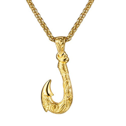 Boniskiss Men's Stainless Steel Lucky Fish Hook 3D Wave Pattern Casting Dangle Necklace Gift