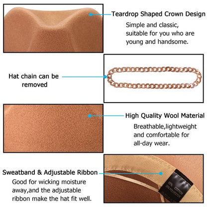 Khaki Wide Brim Fedora with Cuban Chain Jazz Wool Felt Hat | Size M-L - Boniskiss