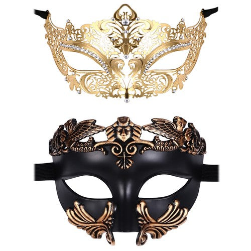 Boniskiss Couple 2pcs Masquerade Metal Masks - Roman Greek Men Mask Venetian Women Mask Set