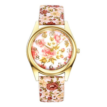 Boniskiss Slim Boho Flower Painting Wrist Watch - Floral Dial PU Band Analog Quartz Wrist Watch