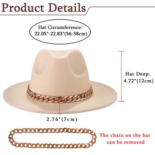 Beige Wide Brim Fedora with Cuban Chain Jazz Wool Felt Hat | Size M-L - Boniskiss