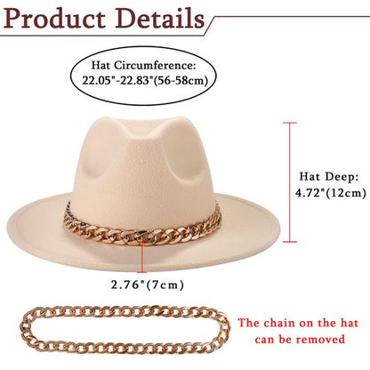 Beige Wide Brim Fedora with Cuban Chain Jazz Wool Felt Hat | Size M-L - Boniskiss