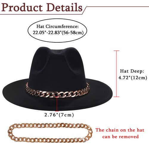 Black Wide Brim Fedora with Cuban Chain Jazz Wool Felt Hat | Size M-L - Boniskiss