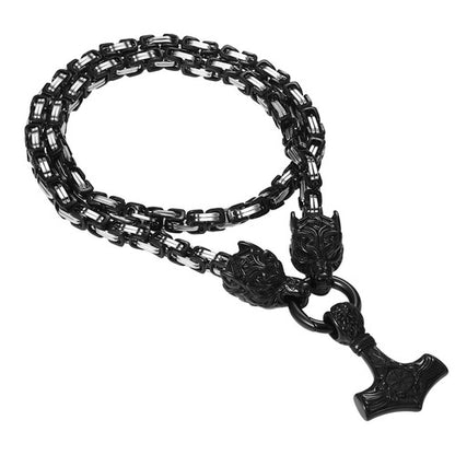 Mens Retro Viking Wolf Head Thor's Hammer Dangle Amulet Byzantine Chain Necklace