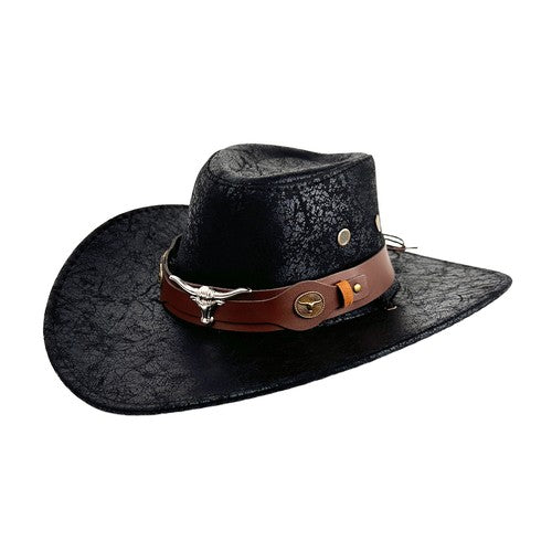 Cowboy Hat with Bull Head Decor Western Wide Brim Hat - Boniskiss