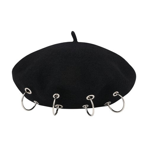 Boniskiss Punk Rock Beret Cap Ring Decor Womens Novelty Street Style