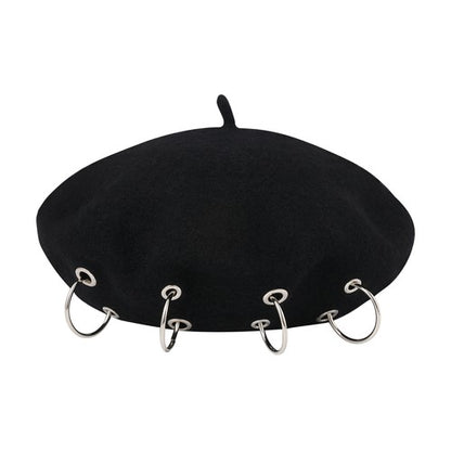 Boniskiss Punk Rock Beret Cap Ring Decor Womens Novelty Street Style