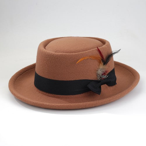 Boniskiss Unisex Classic Feather Vegan Felt Boater Fedora Hat