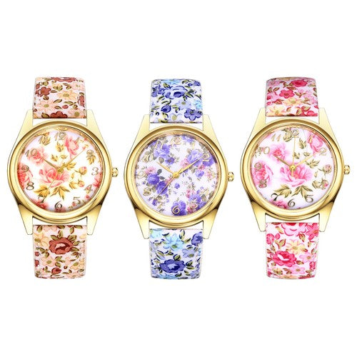 Boniskiss Slim Boho Flower Painting Wrist Watch - Floral Dial PU Band Analog Quartz Wrist Watch