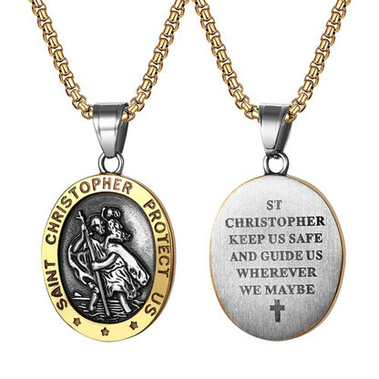 Boniskiss St Christopher Angel Medal Necklace - Traveler Medal Pendant Religious Amulet Necklace for Men