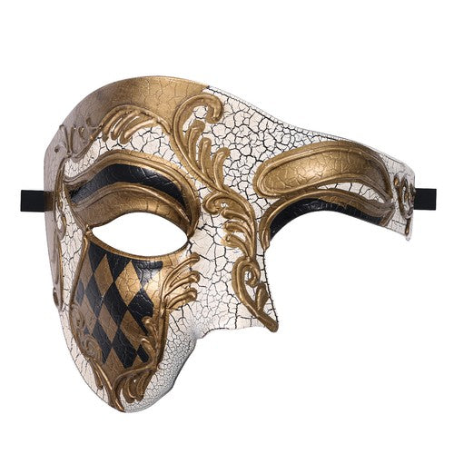 Boniskiss Men's Acanthus Checkerboard Pattern Mask - Venetian Phantom of the Opera Costume Half Face Mask for Masquerade & Ball