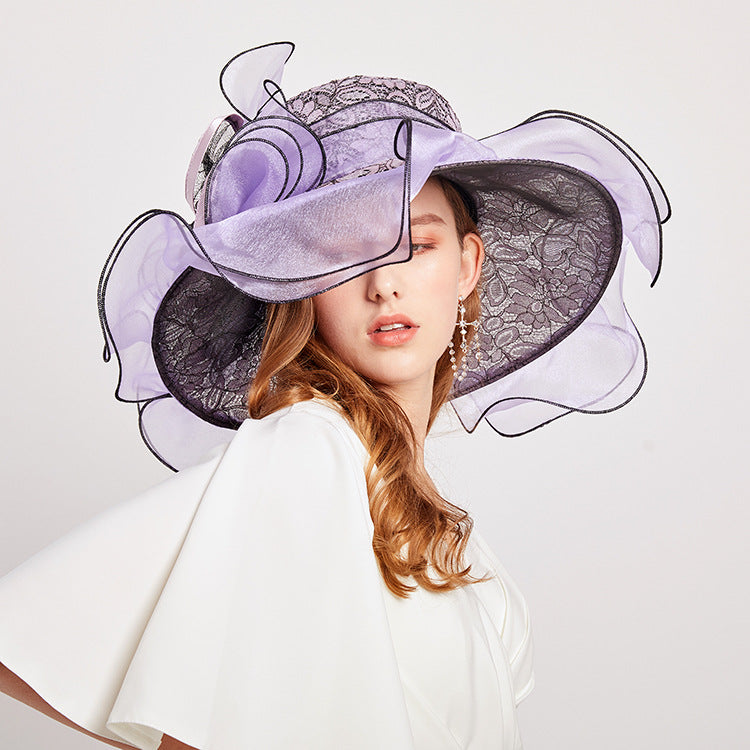 Avant-Garde Organza Ruffled Church Hat with Lace