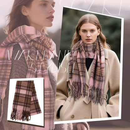 Boniskiss Unisex Fall Winter Faux Cashmere Plaid Scarf with Tassel